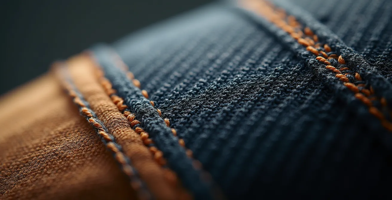 Vue macro d'un tissu de pantalon de travail montrant la résistance des fibres