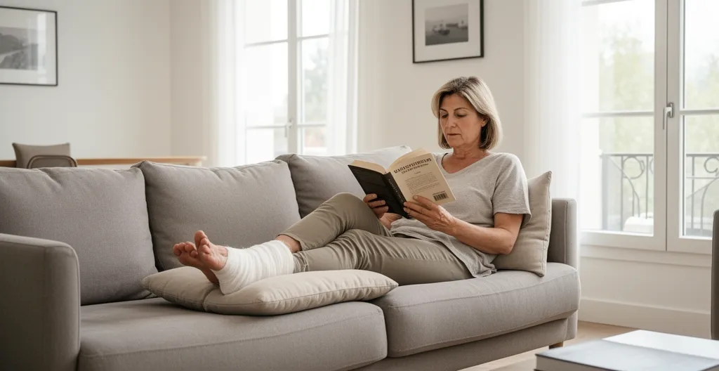 Patiente en convalescence à domicile avec pied surélevé après chirurgie hallux valgus