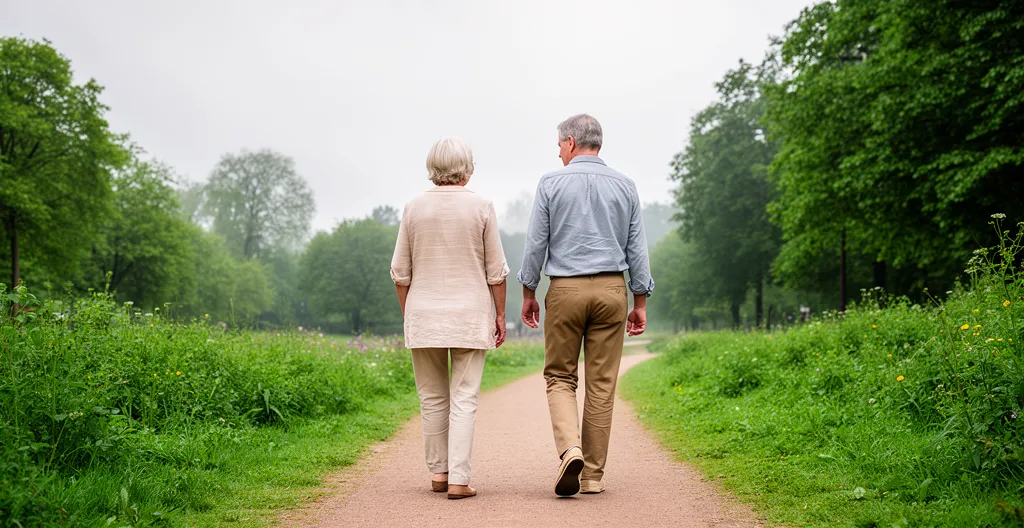 Couple d'âge mûr pratiquant une marche quotidienne dans un parc verdoyant