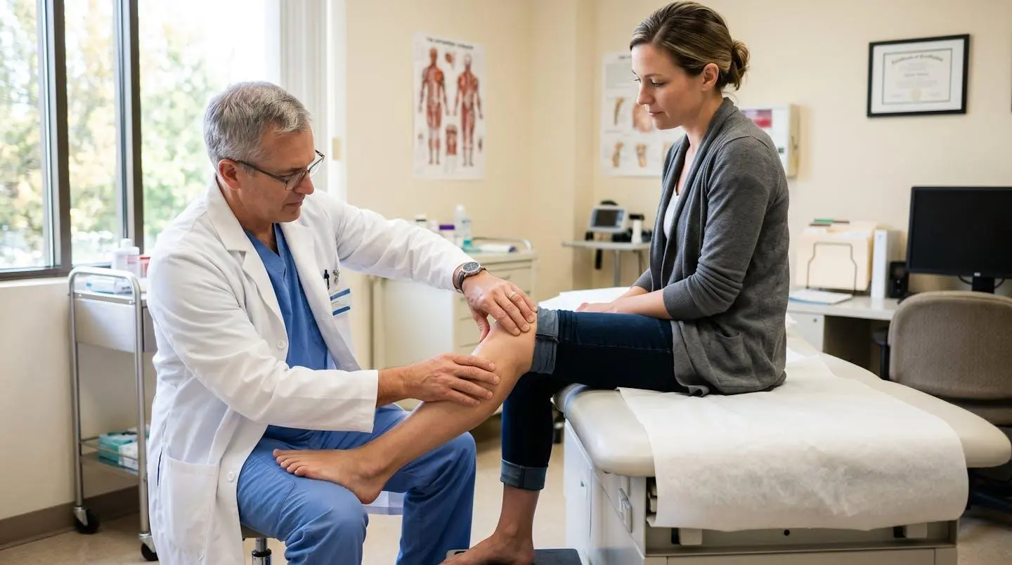 Patient lors d'une consultation orthopédique avec examen clinique du genou