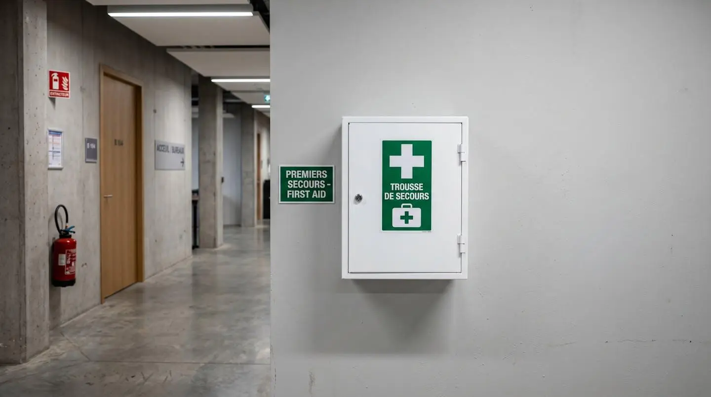 Armoire murale blanche de trousse de secours avec croix verte et pictogramme en français, fixée sur mur clair dans couloir d'entreprise