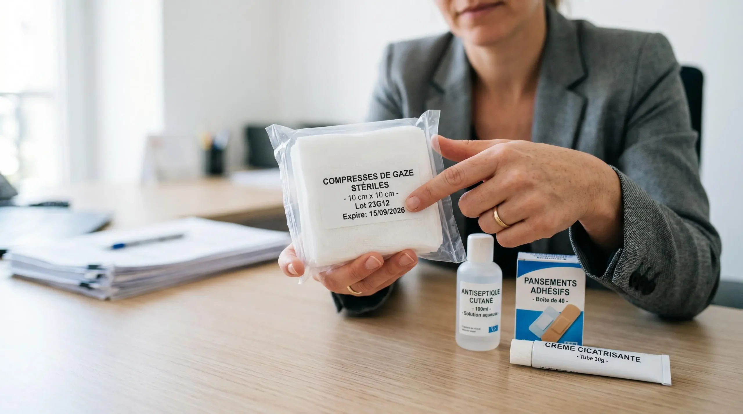 Mains d'un responsable vérifiant la date de péremption sur une boîte de compresses stériles, produits de trousse alignés sur bureau