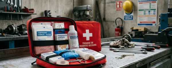 Trousse de secours professionnelle rouge ouverte sur établi d'atelier, contenu organisé visible : compresses stériles, pansements, désinfectant, gants, bandes, ciseaux