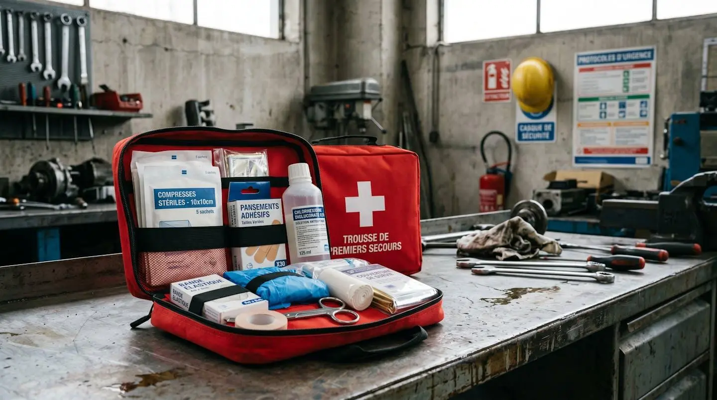 Trousse de secours professionnelle rouge ouverte sur établi d'atelier, contenu organisé visible : compresses stériles, pansements, désinfectant, gants, bandes, ciseaux