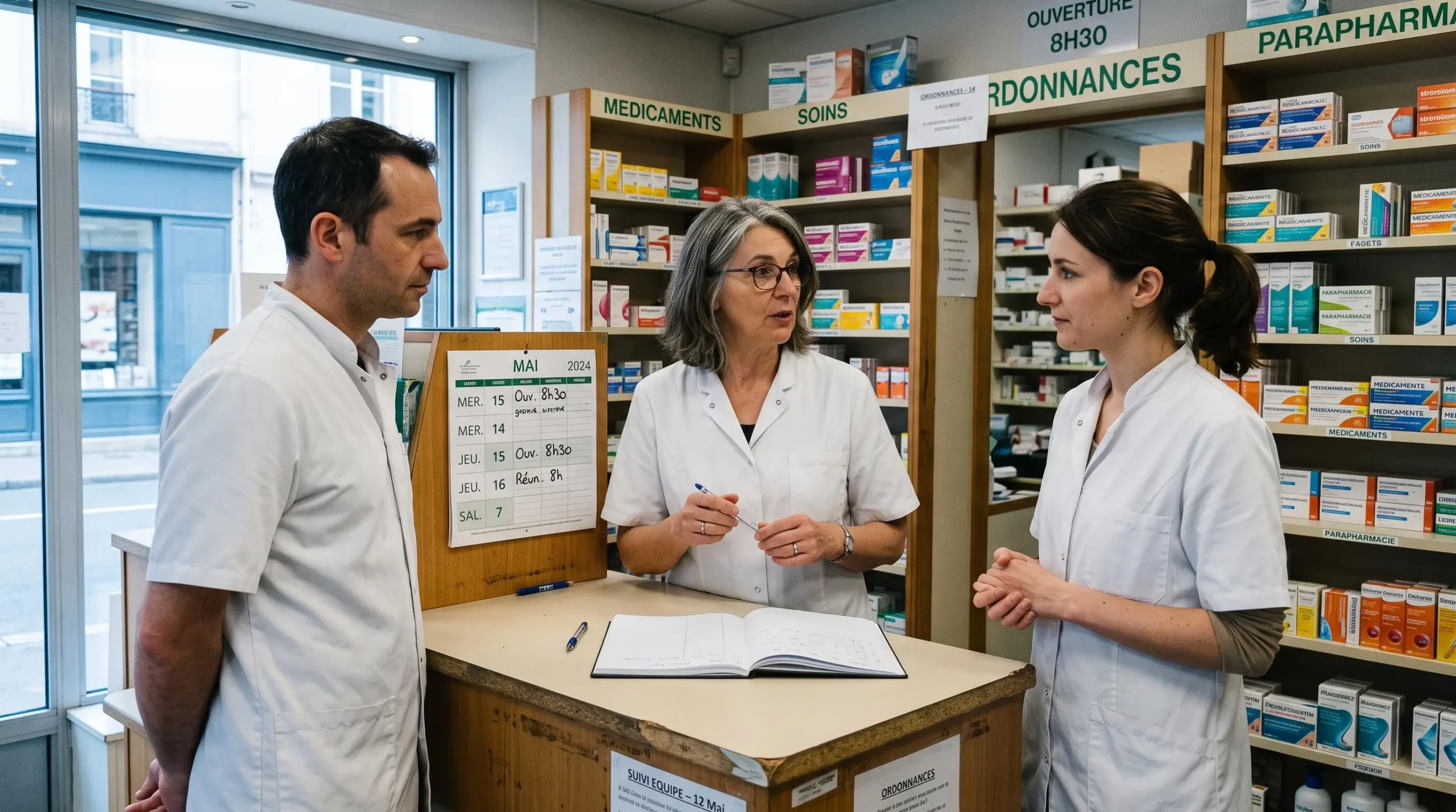Une pharmacienne réunit brièvement deux collègues autour du comptoir d'une officine avant l'ouverture.