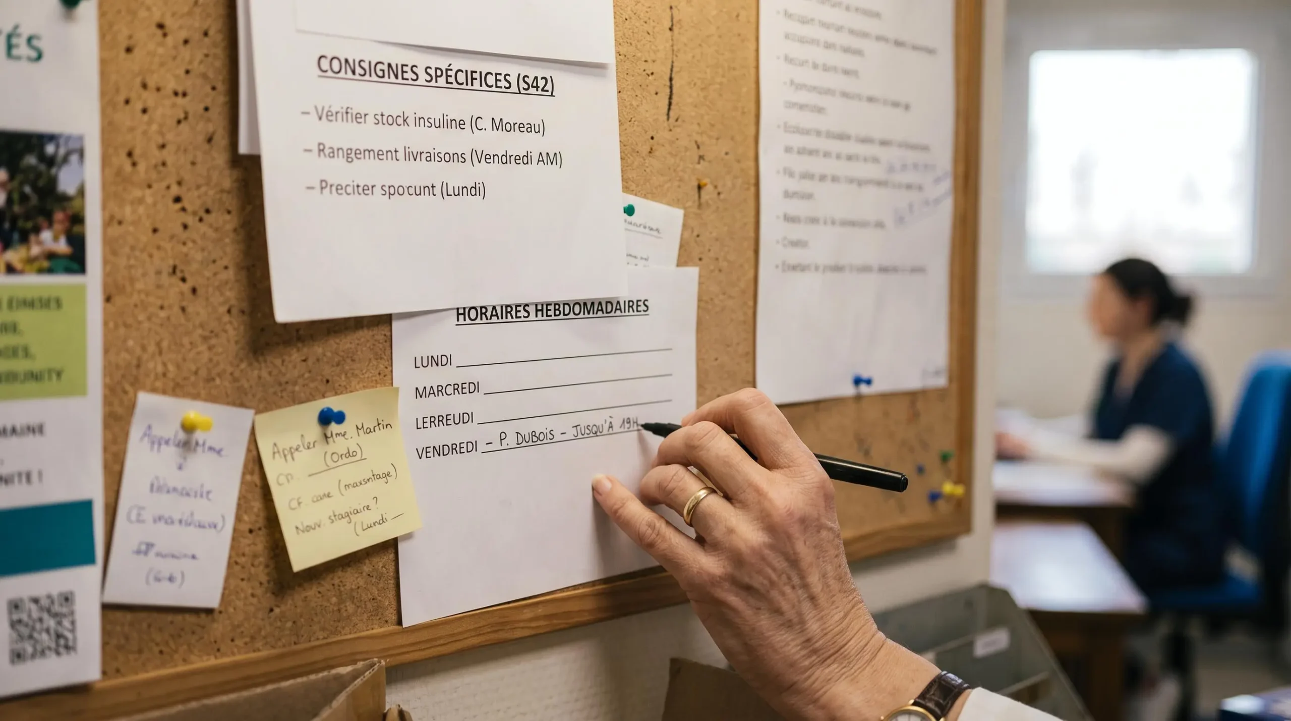 Une pharmacienne et une préparatrice examinent ensemble un planning des rôles affiché dans le back-office d'une officine.