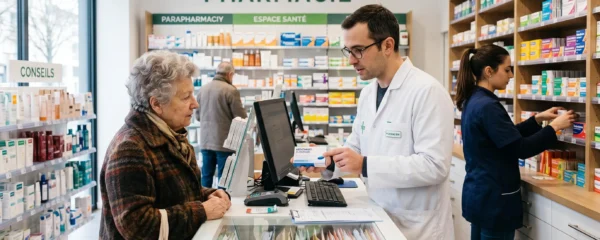 Une pharmacienne en blouse blanche explique un traitement à une cliente âgée au comptoir d'une officine française.