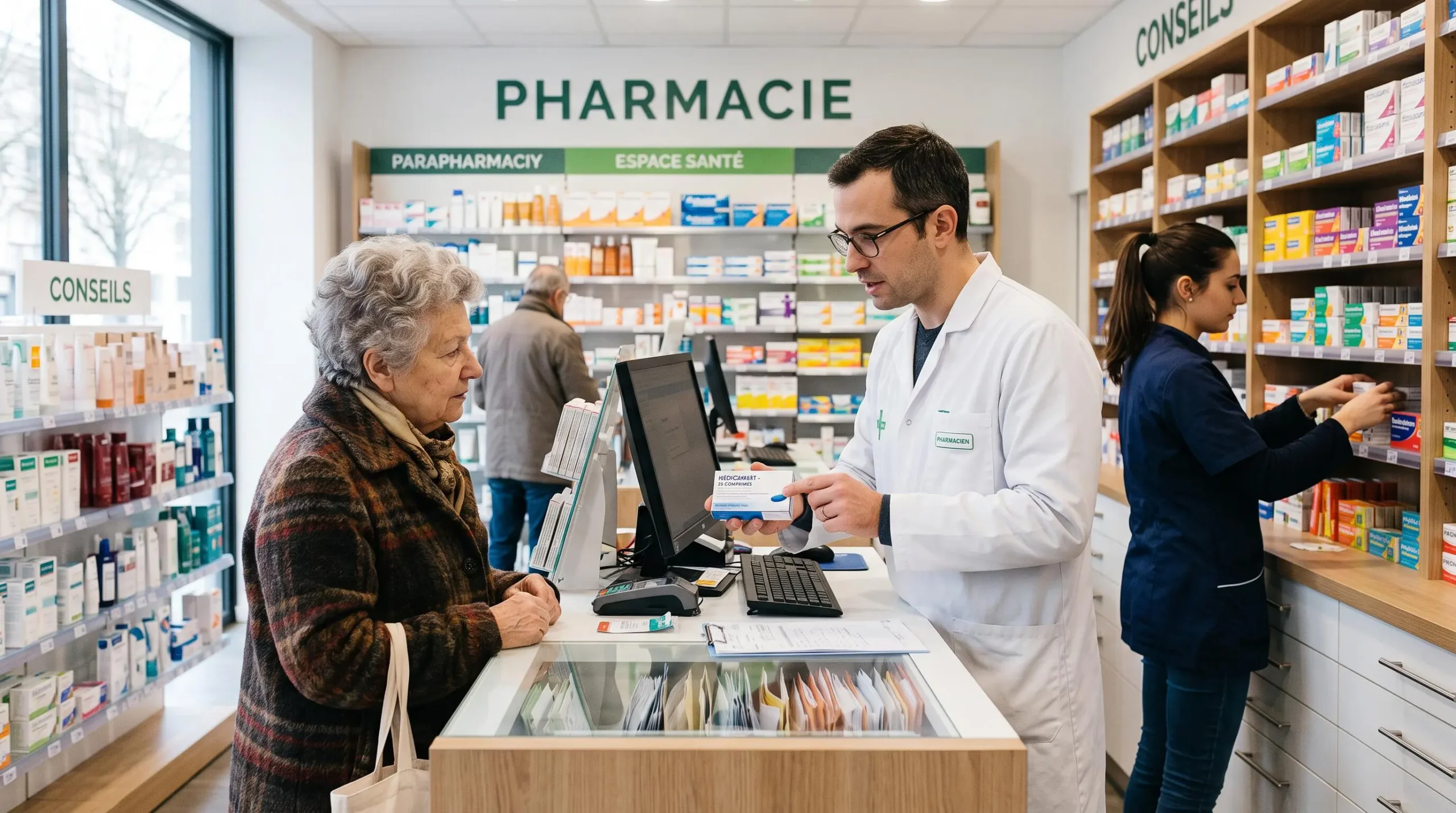 Une pharmacienne en blouse blanche explique un traitement à une cliente âgée au comptoir d'une officine française.