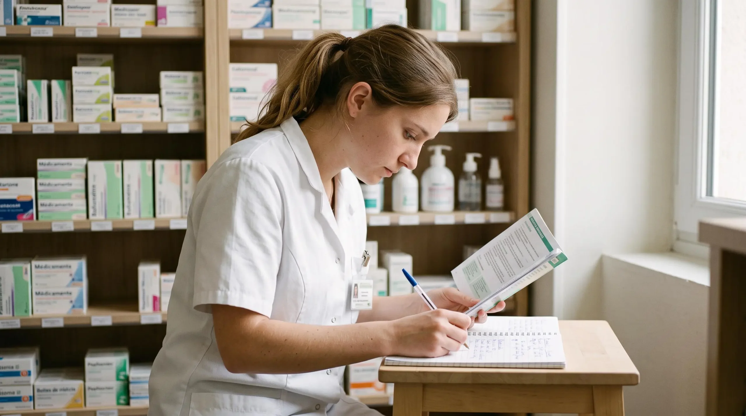 Une préparatrice en pharmacie prend des notes dans un livret de formation à une table de l'officine.