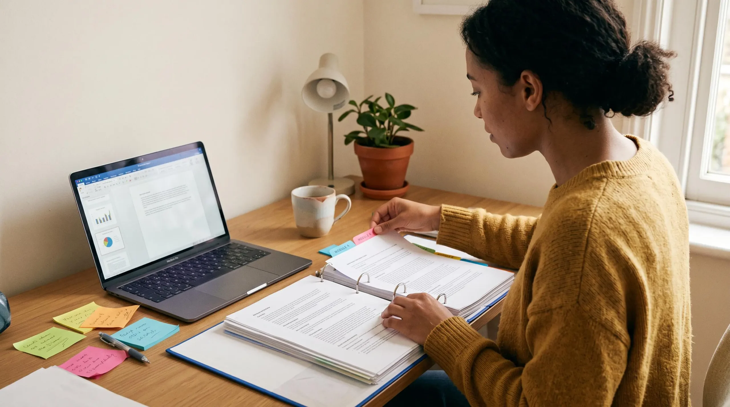Une personne organise des intercalaires dans un classeur de santé et sécurité au travail à son bureau.